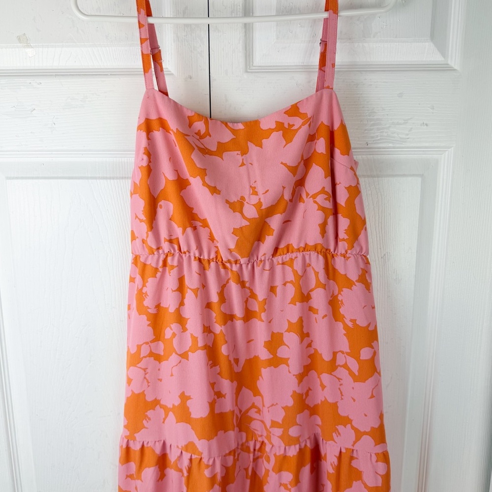 Social Standard by Sanctuary Pink Orange Floral Midi Dress L Smocked Back - Picture 6 of 11